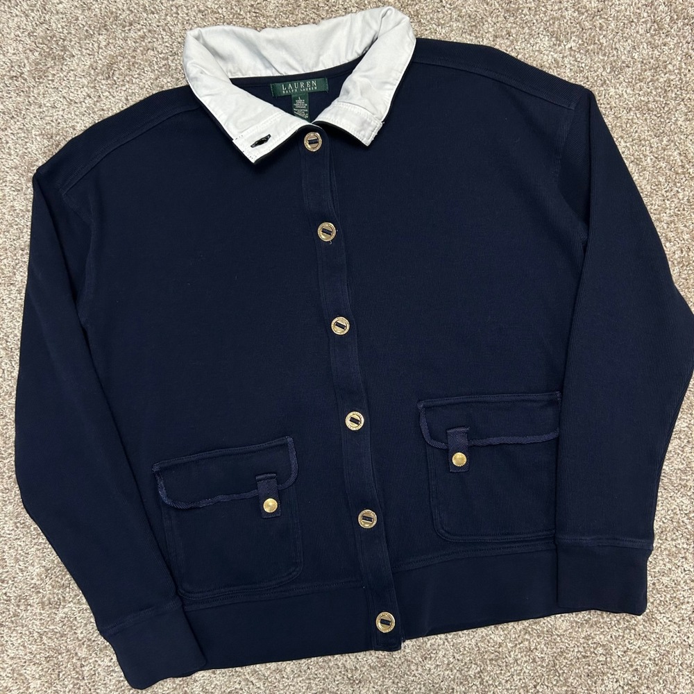 Lauren Ralph Lauren Cardigan Jacket Women Size Large Button Front Collar Blue